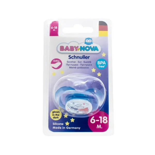 Пустышка силиконовая Baby-Nova ортодонтическая ночная размер 2 голубая