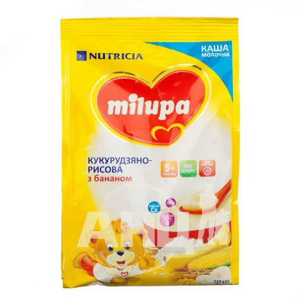 Каша молочна Milupa суха швидкорозчинна кукурудзяно-рисова з бананом з 5 місяців 210 г